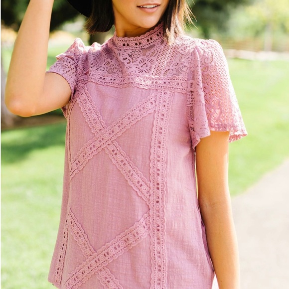 FINAL PRICE❗️Diamonds + Lace Mock Neck Pink Blouse - Picture 4 of 8